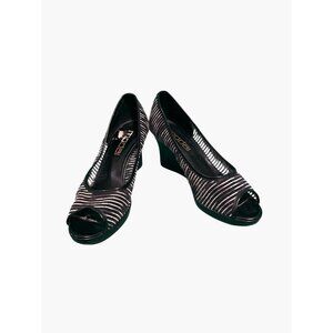 Moda Luxe Black & Silver Striped Open-Toe Wedge Shoes Womens Size 8 Comfortable